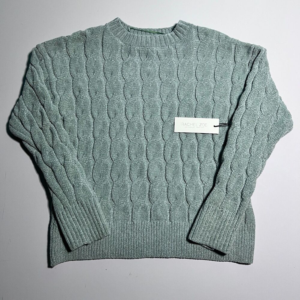 Rachel Zoe Chenille Cable Knit Sweater Womens M Sage Green Crewneck Pullover NWT